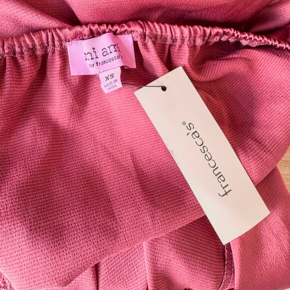 NWT-Francesca’s Bernice Fitted Pink Satin Lace Trim Slit Midi Skirt, X-Small - Picture 9 of 12